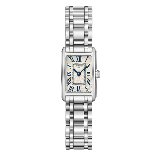 front view of Longines DolceVita mini rectangular watch with silver guilloché dial, blue hands and stainless steel bracelet