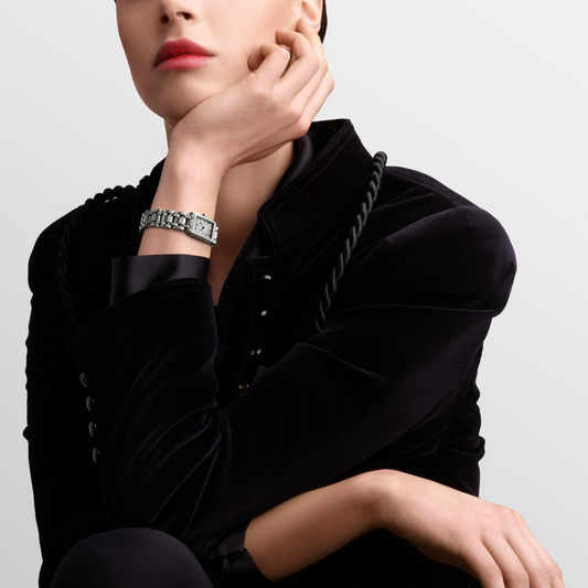 Longines DolceVita bracelet watch worn on the wrist with a slim rectangular case and elegant polished finish
