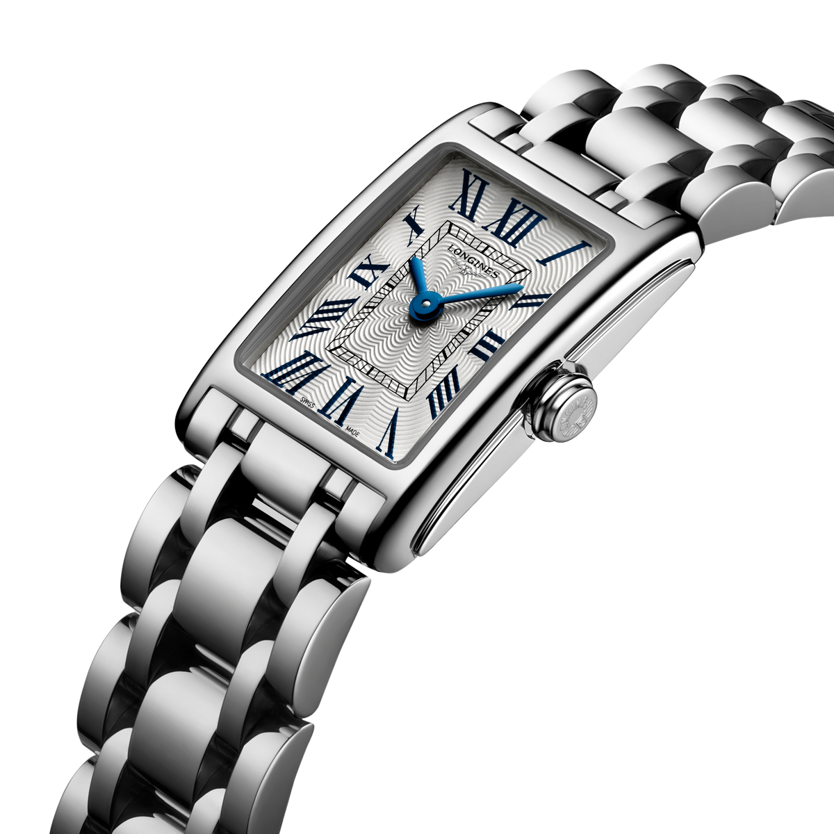 close up of the Longines DolceVita silver textured dial featuring black Roman numerals and blued steel hands
