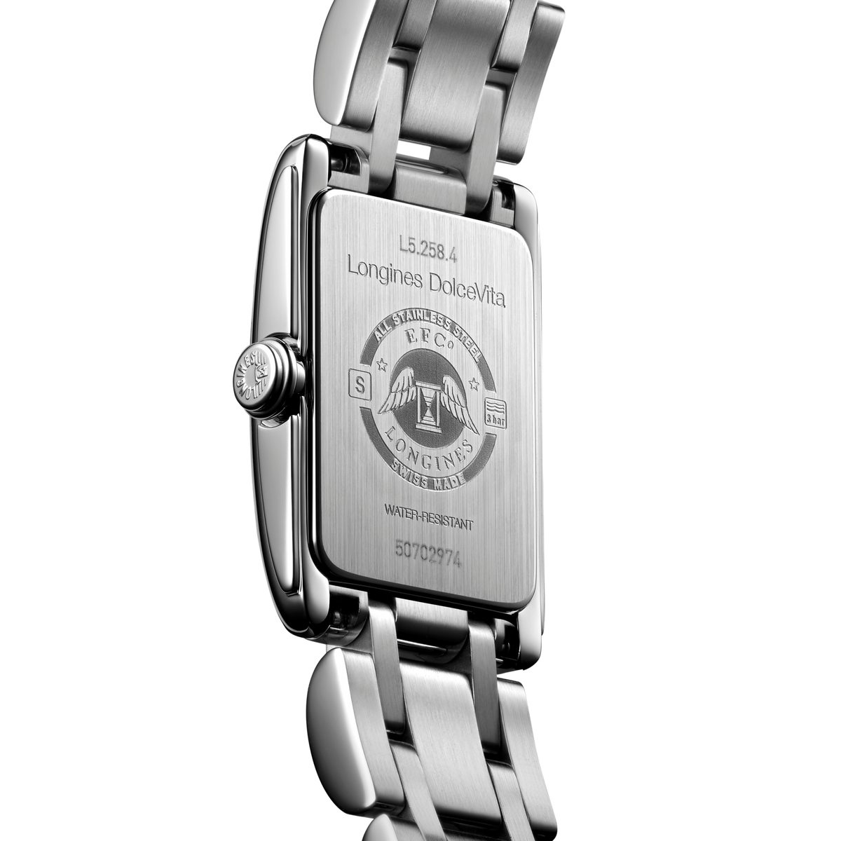 back of Longines DolceVita watch showing the stainless steel case back and refined multi link bracelet design
