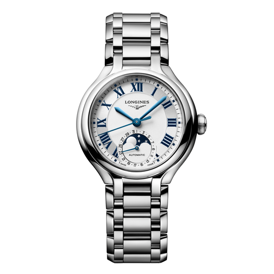 front view of Longines silver dial moonphase automatic watch with blue Roman numerals and stainless steel bracelet
