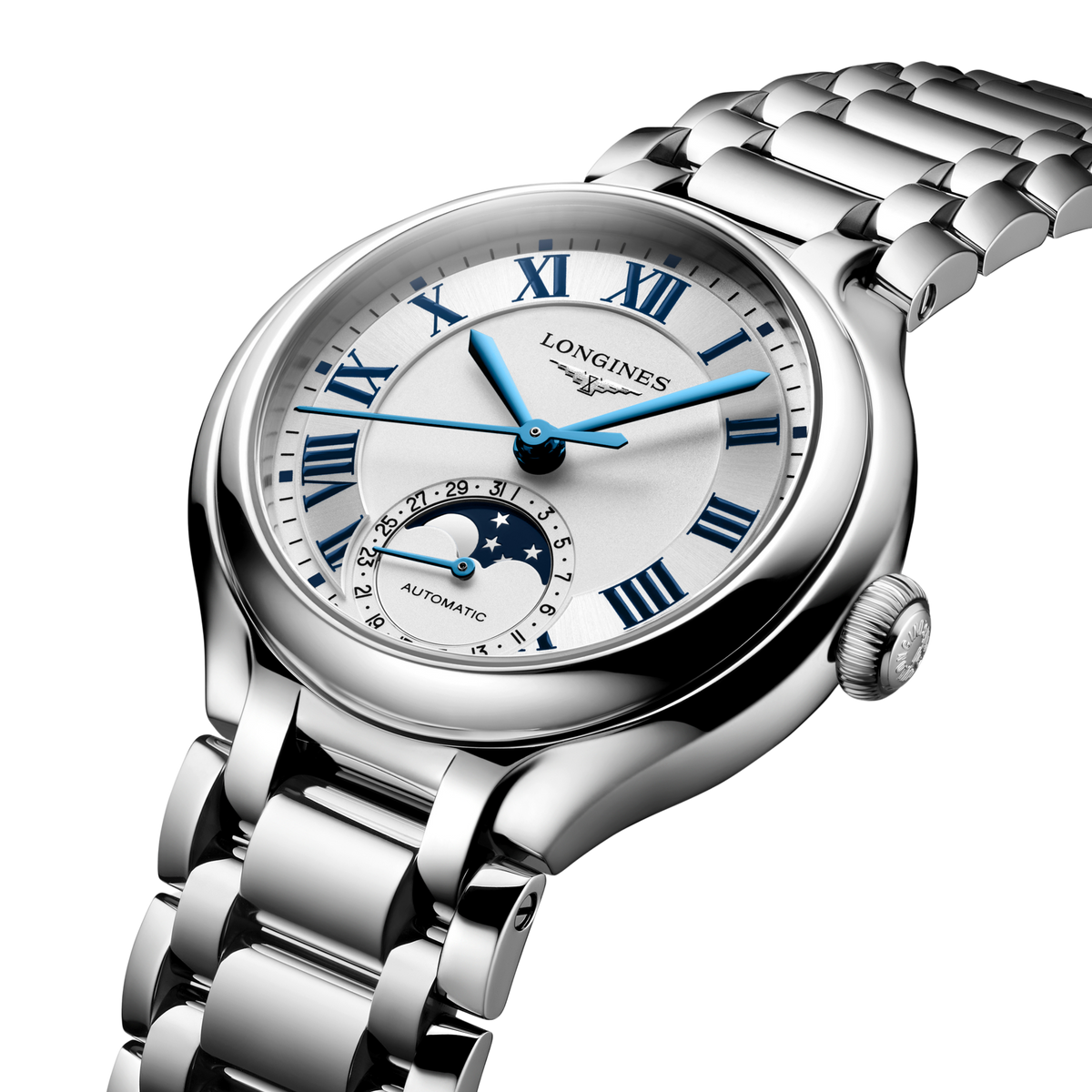lifestyle image of Longines silver dial moonphase watch worn on a wrist highlighting the blue hands and Roman numeral markers
