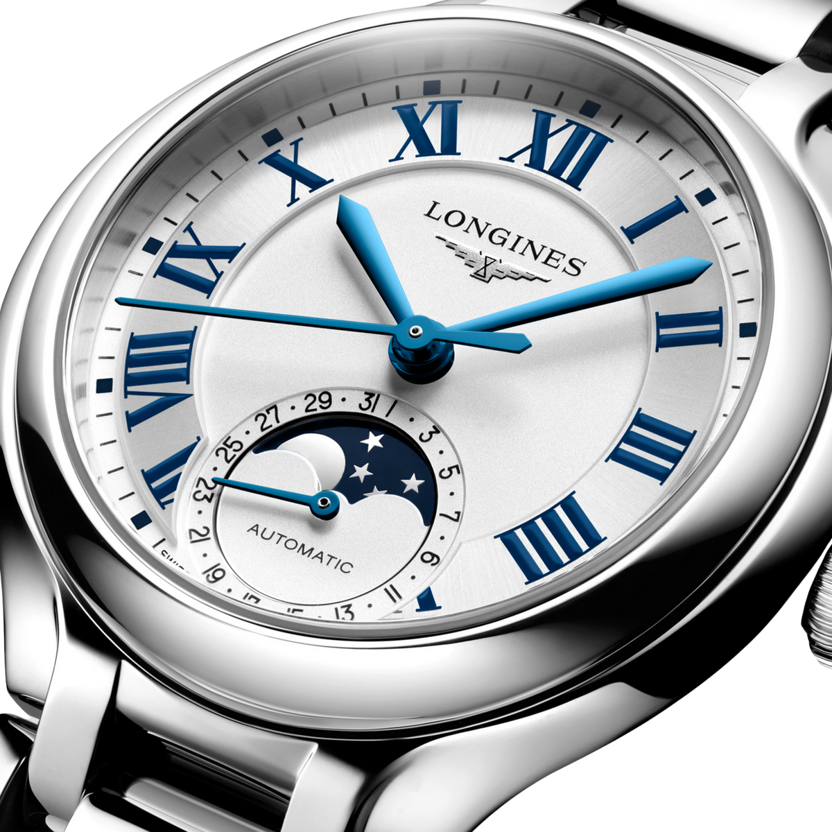 side view of Longines moonphase watch case, crown and polished stainless steel profile
