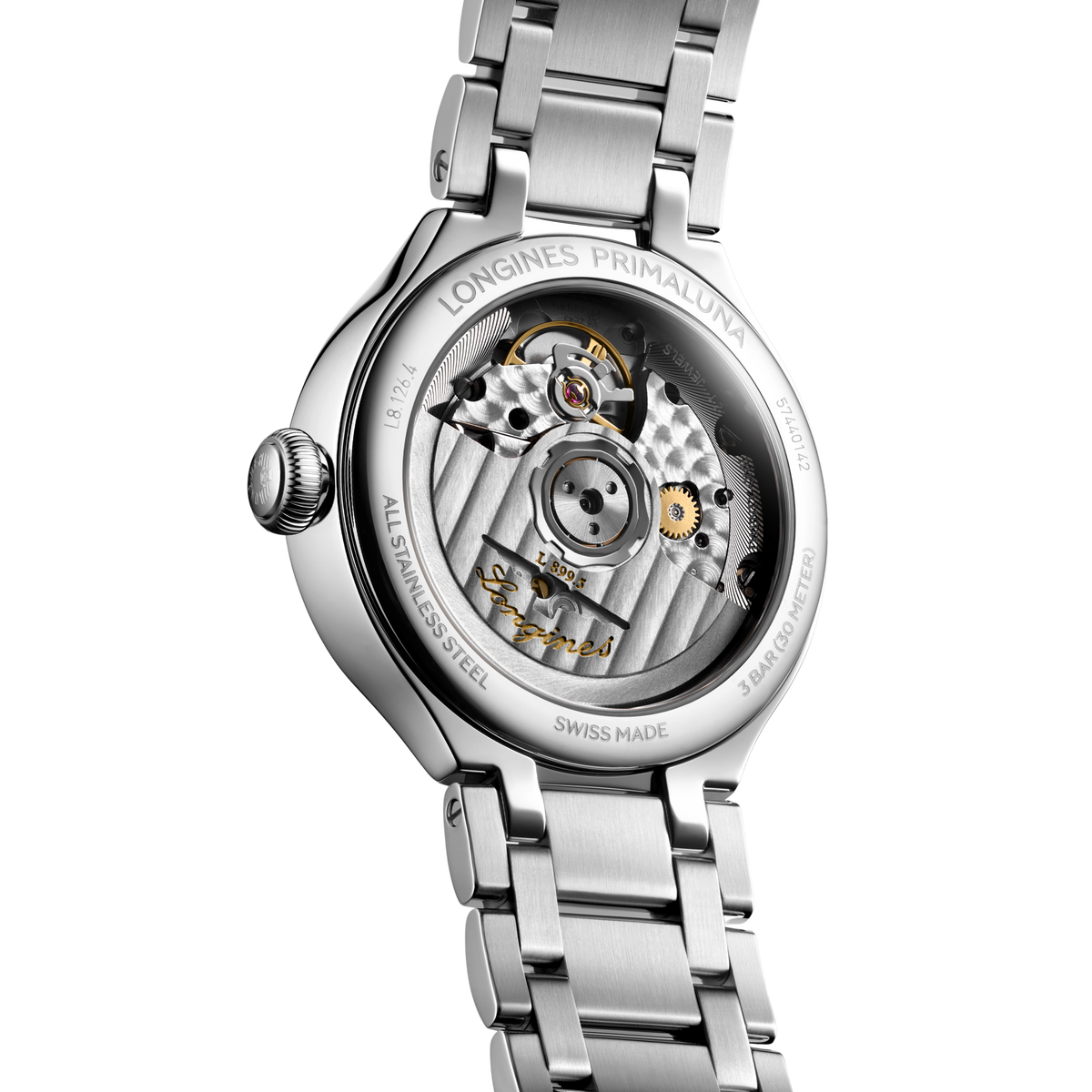 back of Longines automatic moonphase watch and stainless steel bracelet with clasp detail


