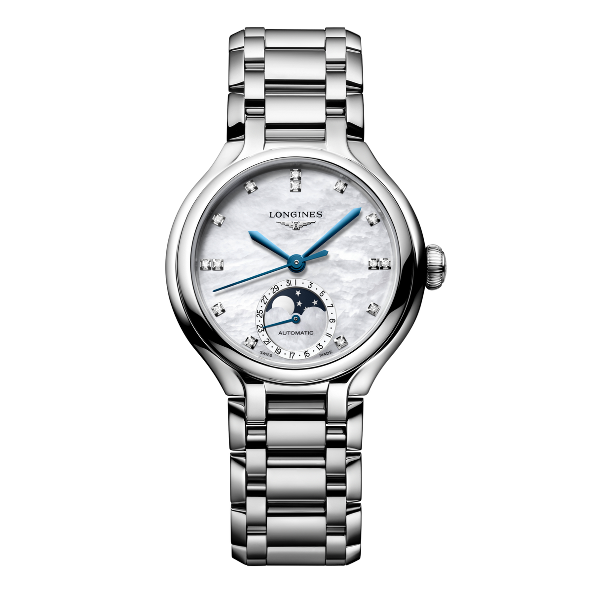 The Longines PrimaLuna Moonphase 34mm is an elegant Swiss timepiece designed with a soft, feminine aesthetic and refined detailing. Its polished stainless steel case is paired with a luminous mother-of-pearl dial, creating a sophisticated look that feels timeless and versatile.