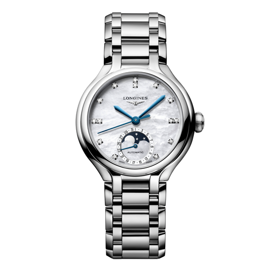 The Longines PrimaLuna Moonphase 34mm is an elegant Swiss timepiece designed with a soft, feminine aesthetic and refined detailing. Its polished stainless steel case is paired with a luminous mother-of-pearl dial, creating a sophisticated look that feels timeless and versatile.