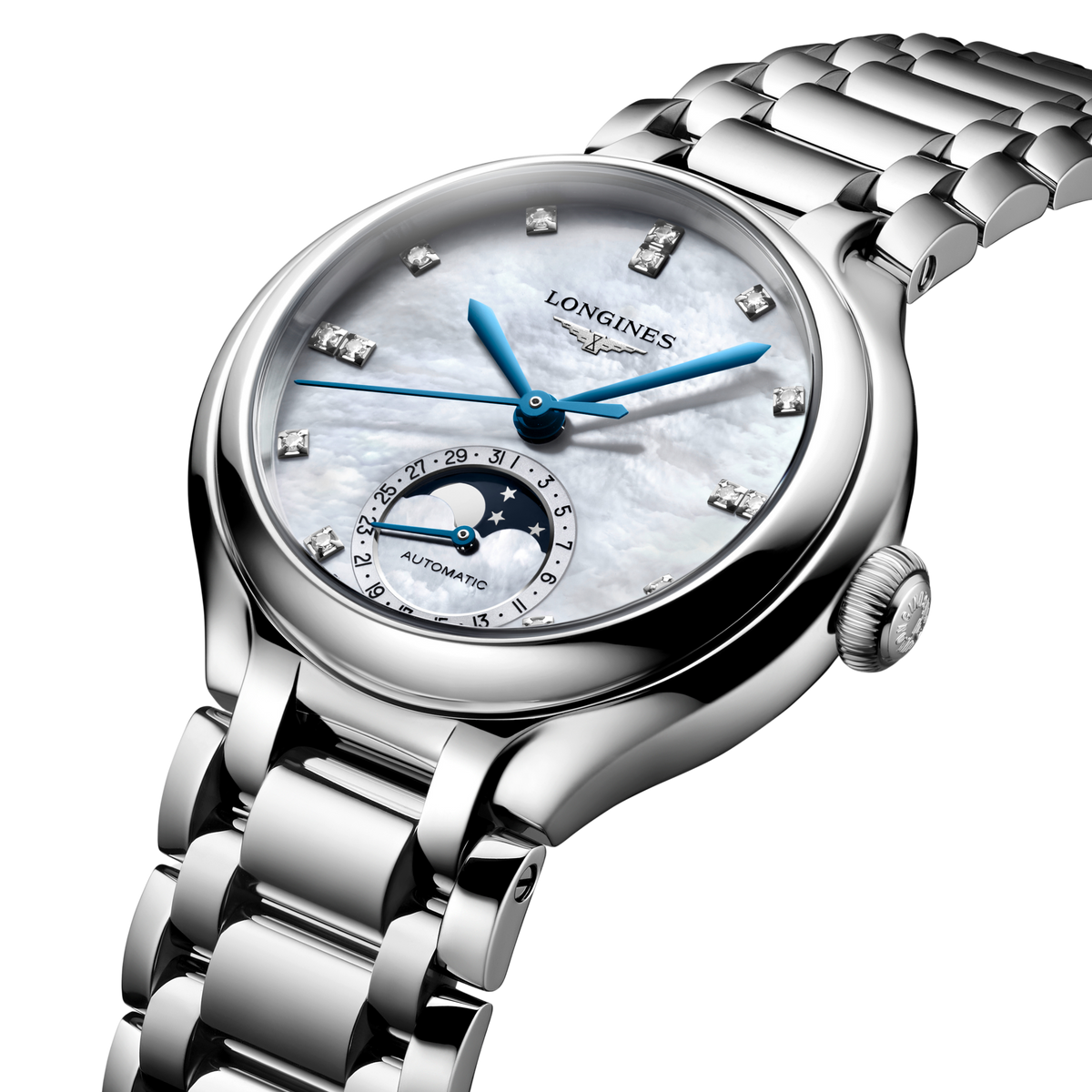 At the heart of the watch is a Swiss automatic movement featuring a moonphase complication, adding a poetic and traditional touch to its classic design. It reflects the precision and heritage associated with Longines.