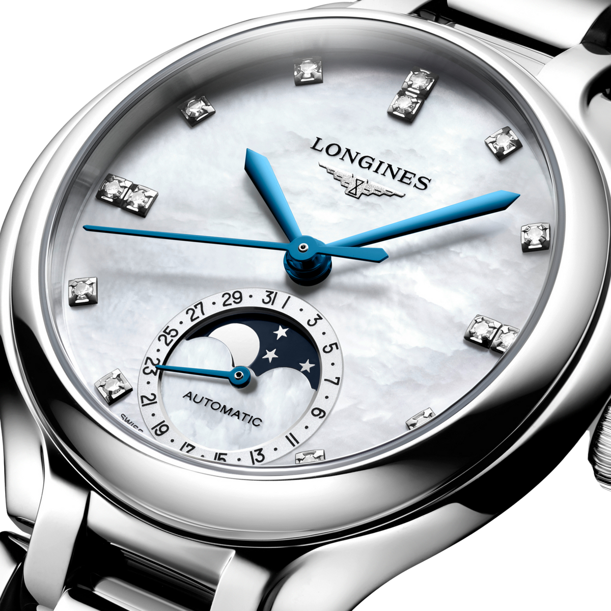 Finished with sapphire crystal for durability and clarity, the PrimaLuna Moonphase combines practicality with refined beauty, offering a sophisticated expression of Swiss watchmaking craftsmanship.