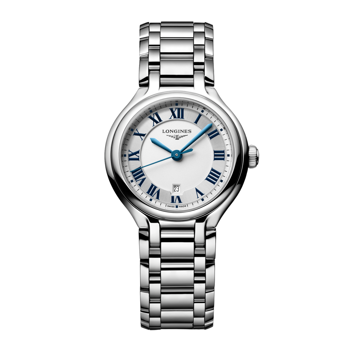 front view of Longines silver dial watch with blue Roman numerals, blue hands and stainless steel bracelet

