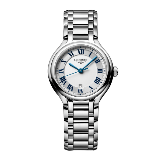 front view of Longines silver dial watch with blue Roman numerals, blue hands and stainless steel bracelet
