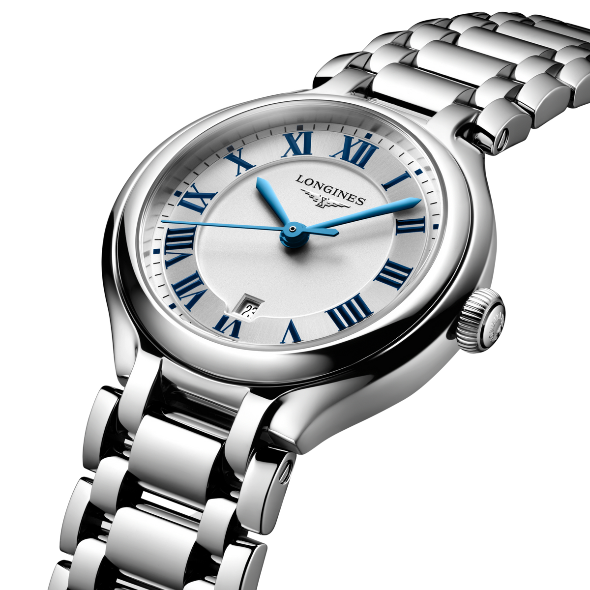 side view of Longines stainless steel watch case and crown profile with polished finish
