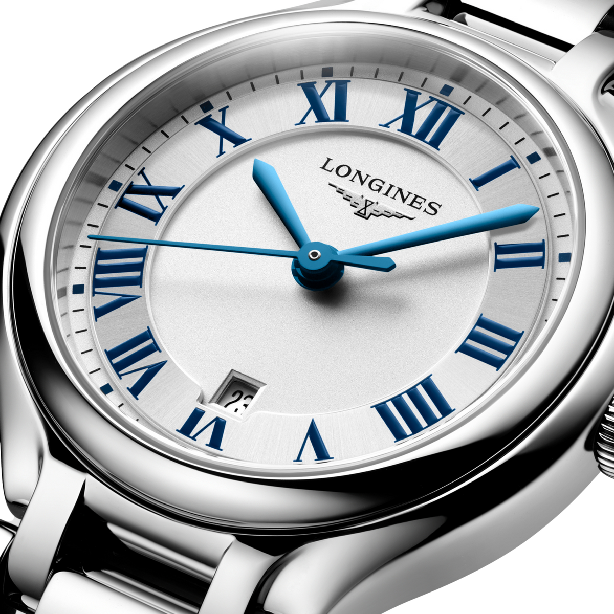 Longines watch with blue hands and Roman numerals on a white background