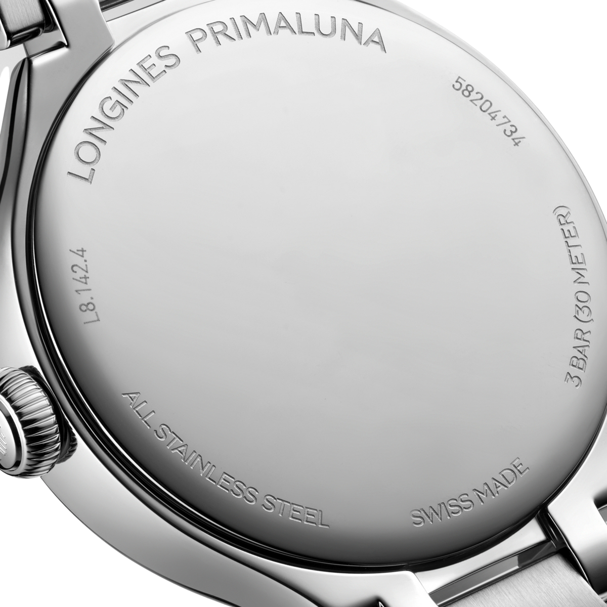back of Longines silver dial watch and stainless steel bracelet with clasp detail
