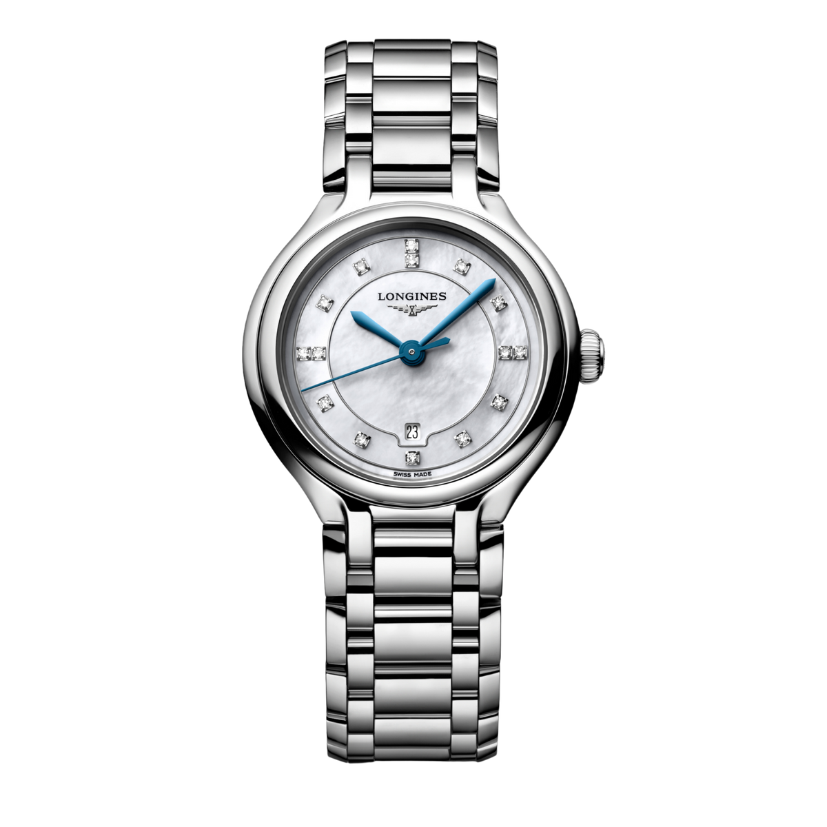front view of Longines mother-of-pearl dial watch with diamond hour markers, blue hands and stainless steel bracelet. 