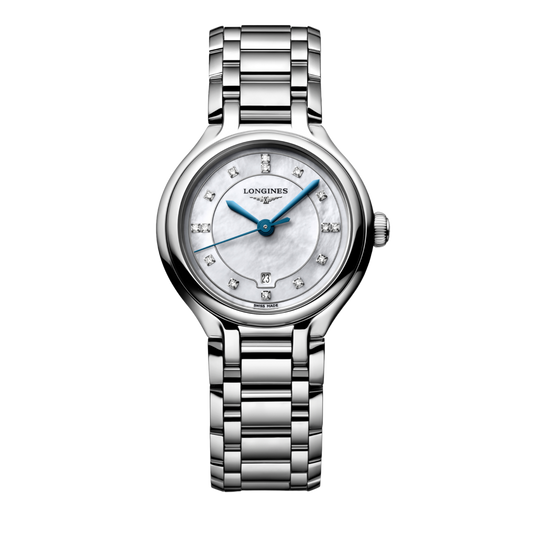 front view of Longines mother-of-pearl dial watch with diamond hour markers, blue hands and stainless steel bracelet. 