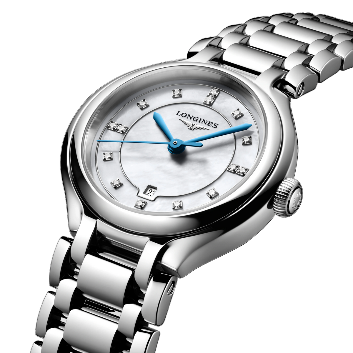 side view of Longines stainless steel watch case and crown profile with polished finish
