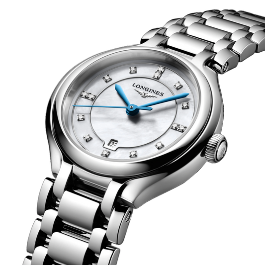 side view of Longines stainless steel watch case and crown profile with polished finish
