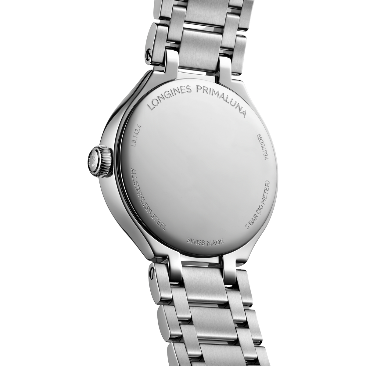 back of Longines mother-of-pearl dial watch and stainless steel bracelet with clasp detail
