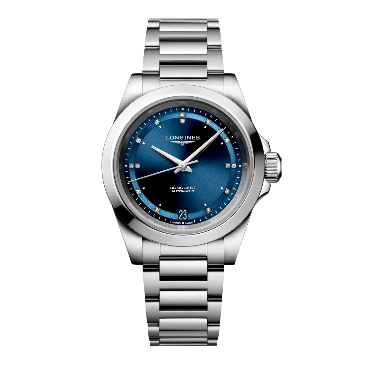 front view of Longines Conquest Automatic blue dial watch with diamond hour markers and stainless steel bracelet
