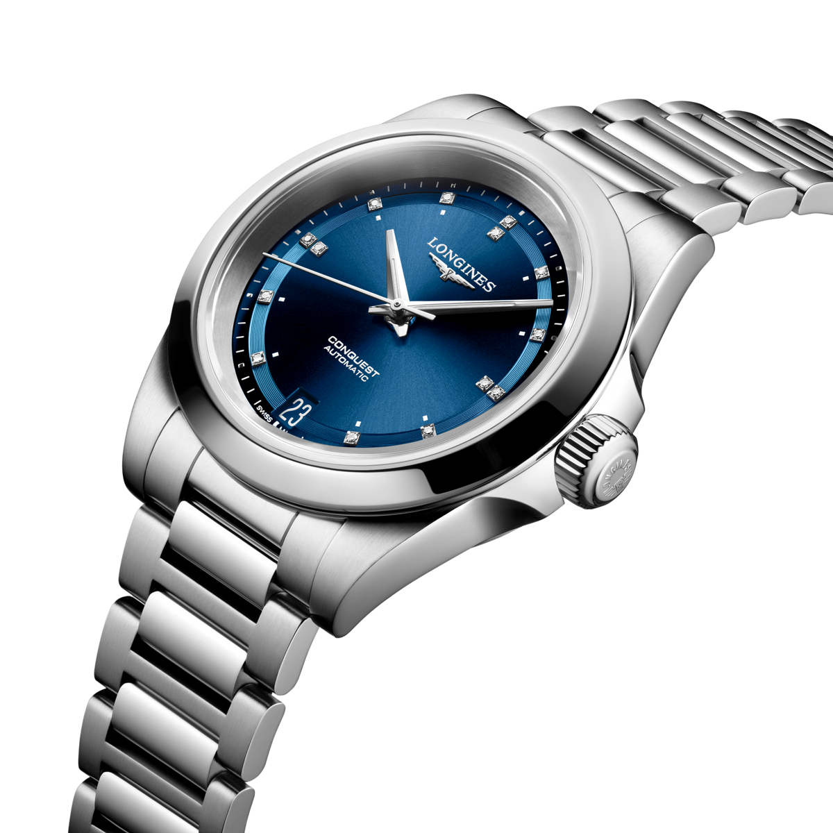 close up of the Longines Conquest blue sunray dial featuring diamond hour markers, silver hands and date display
