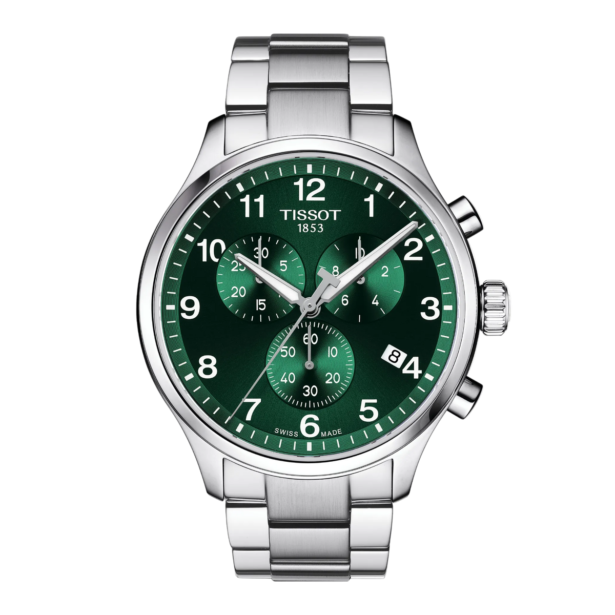 Tissot Green Dial Chronograph Watch featuring a sporty stainless steel bracelet, bold Arabic numeral hour markers, and a rich green multi-function dial for a modern performance-inspired look