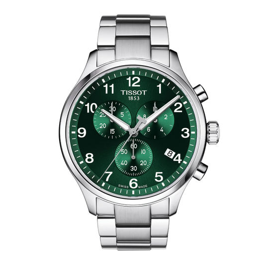 Tissot Green Dial Chronograph Watch featuring a sporty stainless steel bracelet, bold Arabic numeral hour markers, and a rich green multi-function dial for a modern performance-inspired look