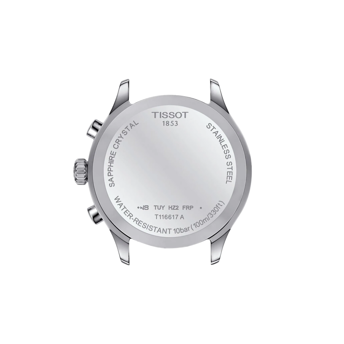 side profile image highlighting the polished stainless steel case, chronograph pushers, textured crown detailing, and balanced proportions for comfortable daily wear