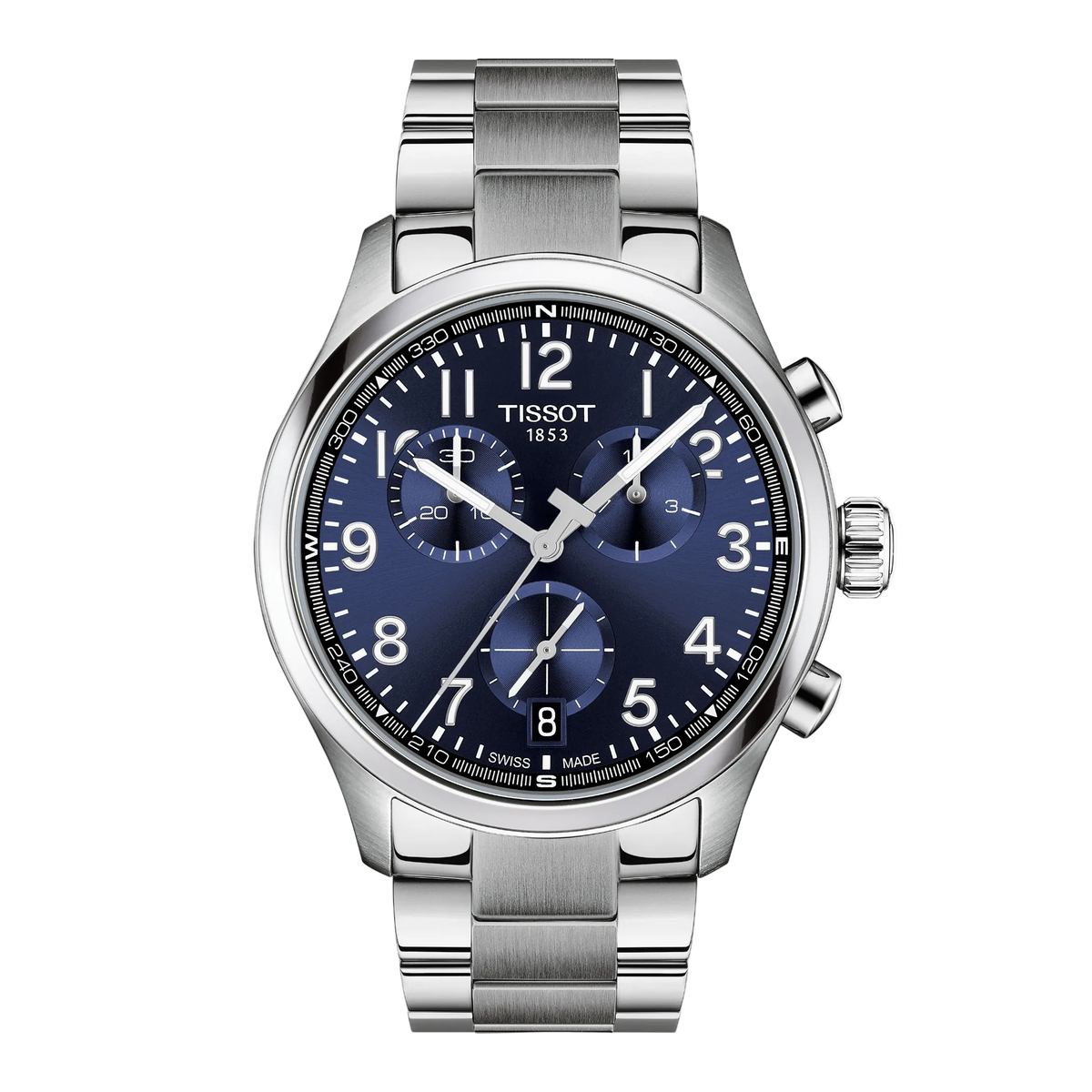 Tissot Chronograph Blue Dial Watch featuring a rich blue dial with matching chronograph sub-dials, bold Arabic numerals, and a brushed stainless steel bracelet for sporty everyday styling