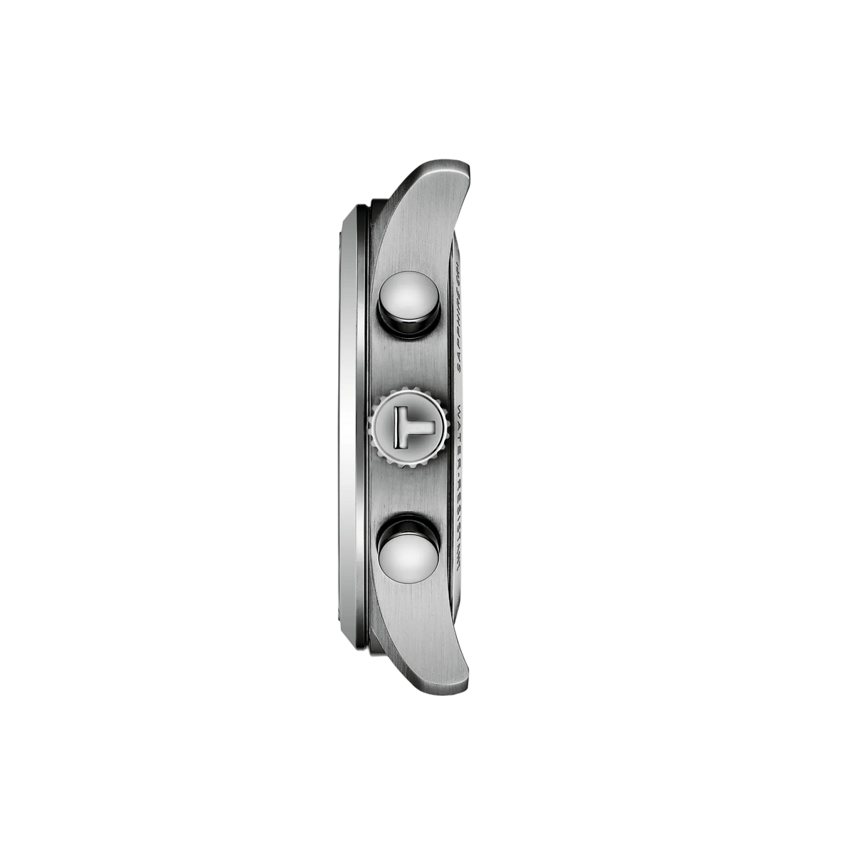 side profile image highlighting the stainless steel case thickness, polished chronograph pushers, signed crown, and brushed finishing that enhance the watch’s robust sporty character