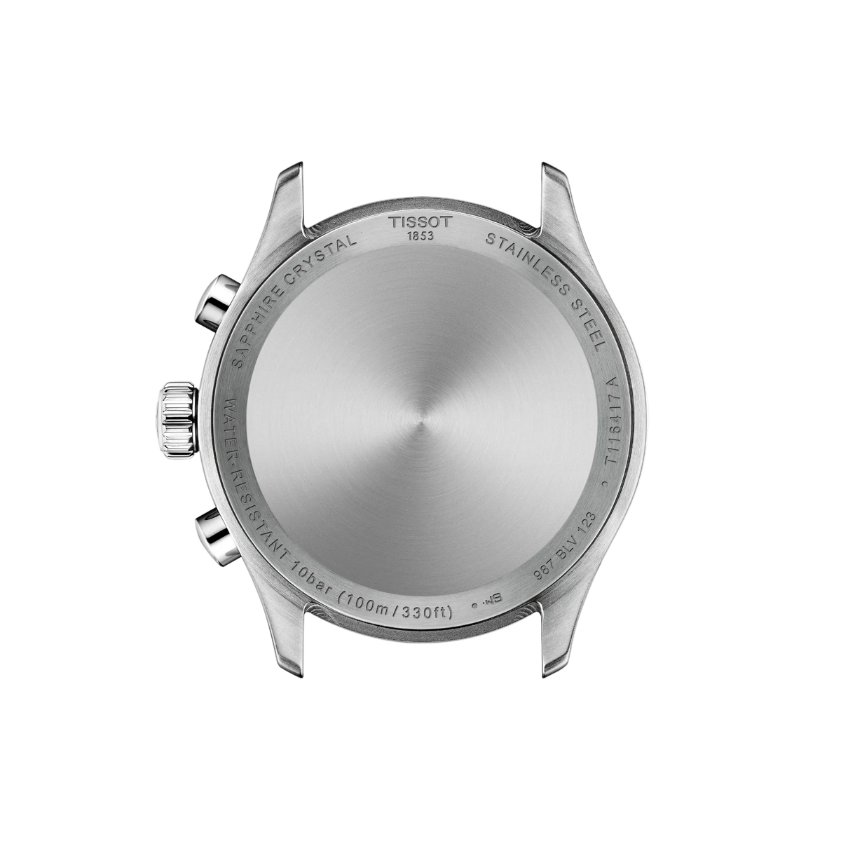 caseback image displaying the durable stainless steel construction and refined finishing, designed for reliable chronograph performance and comfortable long-term wear