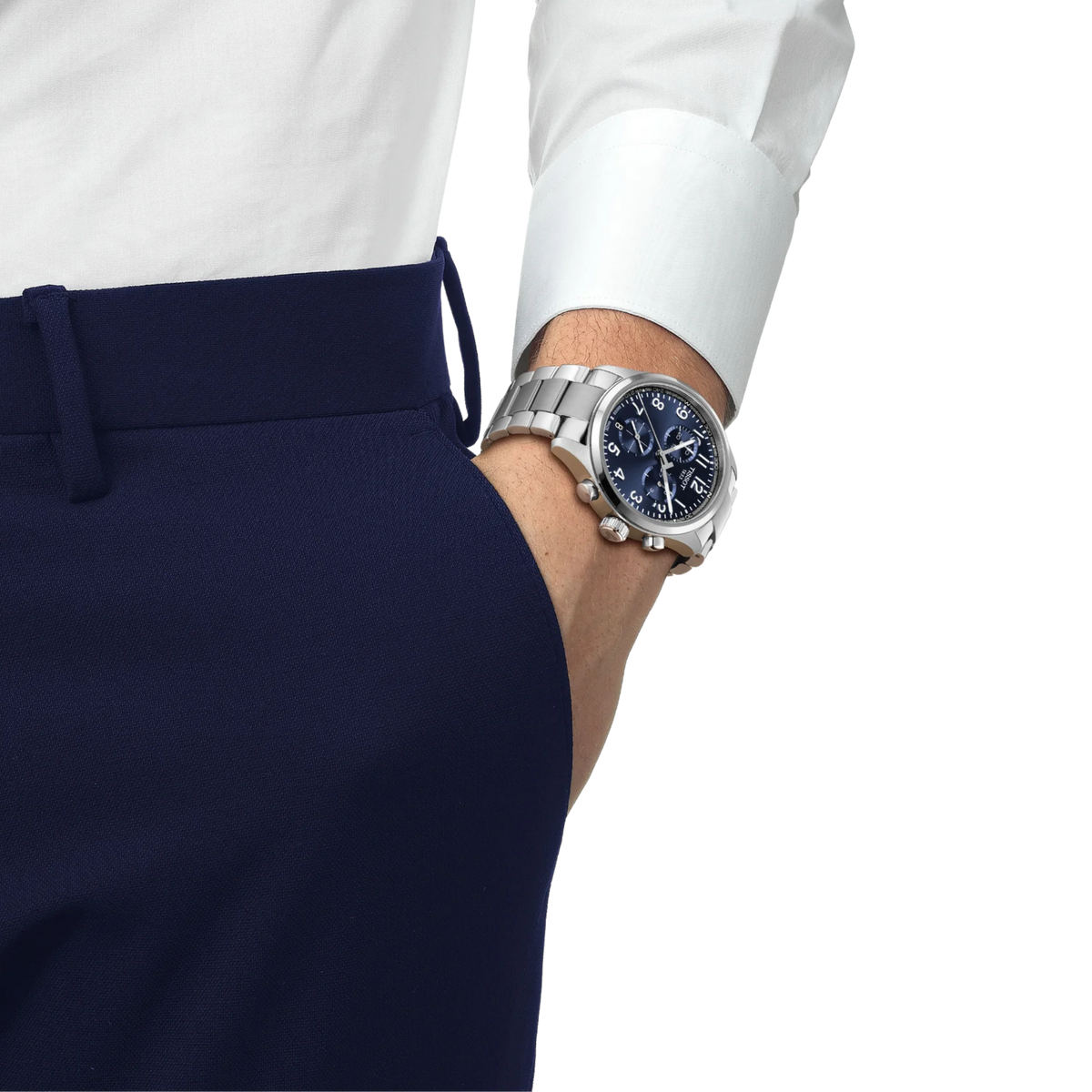 the watch worn on the wrist, showcasing the vibrant blue chronograph dial, sturdy stainless steel bracelet, and confident sporty aesthetic suited to versatile daily wear