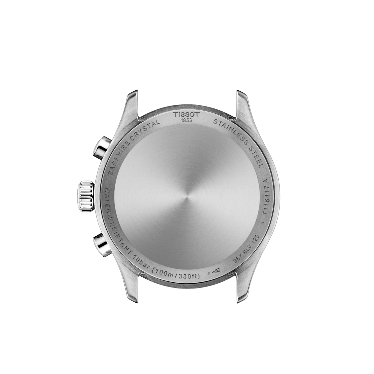 Tissot Chrono L combining a 42mm stainless steel case with a black Arabic numeral dial, sapphire crystal and precise Swiss quartz chronograph movement case back view