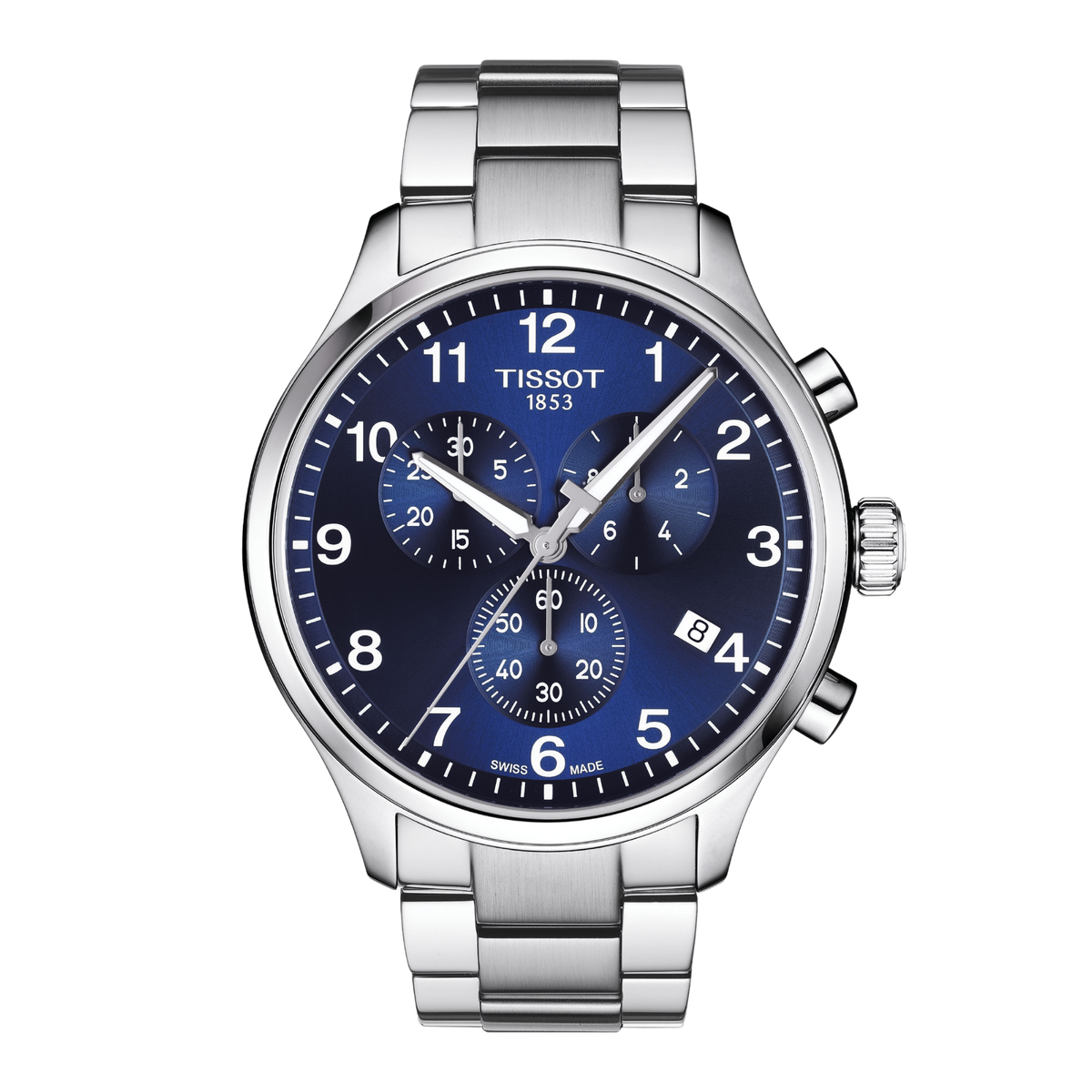 Tissot Blue Dial Chronograph Watch featuring a sporty stainless steel bracelet, bold Arabic numeral hour markers, and a deep blue multi-function dial for an athletic everyday look
