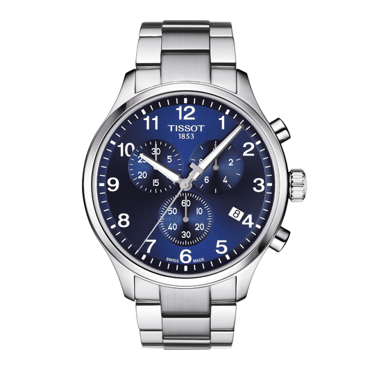 Tissot Blue Dial Chronograph Watch featuring a sporty stainless steel bracelet, bold Arabic numeral hour markers, and a deep blue multi-function dial for an athletic everyday look