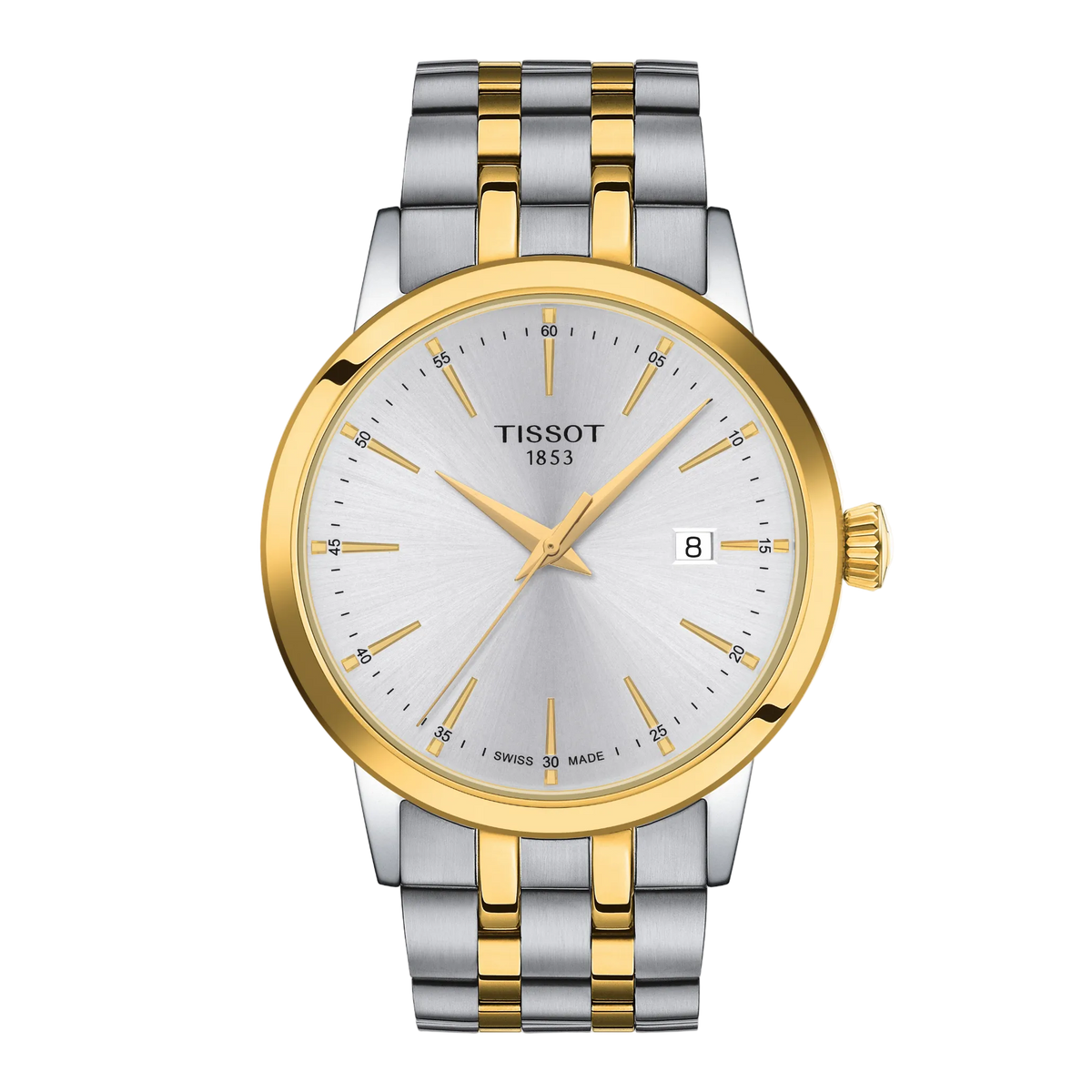 Tissot Silver Dial Watch with a two-tone stainless steel and gold-tone bracelet, featuring a clean sunray silver dial and slim gold baton hour markers for a refined everyday look