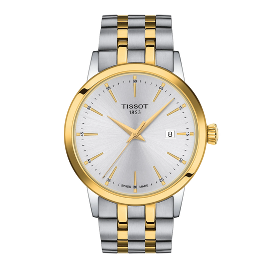 Tissot Silver Dial Watch with a two-tone stainless steel and gold-tone bracelet, featuring a clean sunray silver dial and slim gold baton hour markers for a refined everyday look