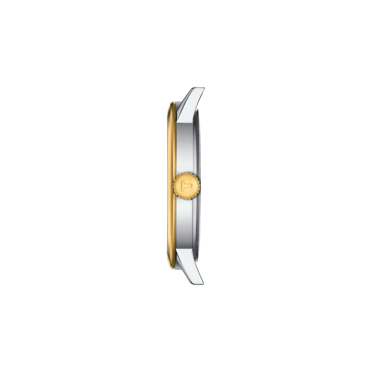 side profile image highlighting the slim stainless steel case, polished gold-tone bezel, and textured crown detailing for a sleek and comfortable fit