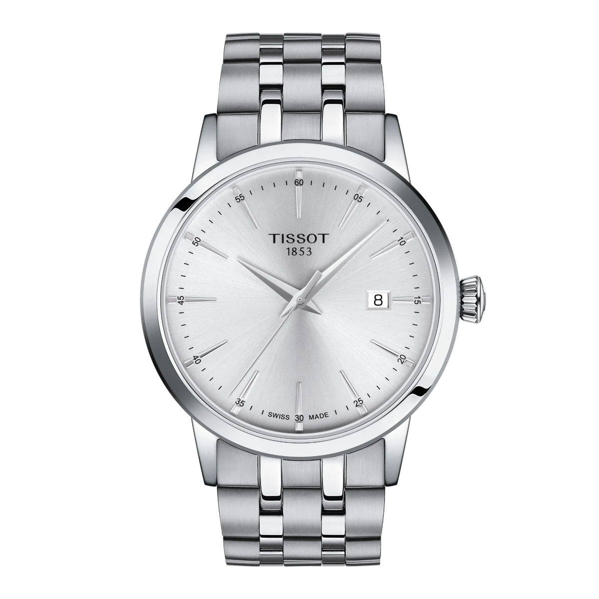 Tissot Silver Dial Watch featuring a clean silver sunray dial, minimalist hour markers, and a brushed stainless steel bracelet with refined modern styling