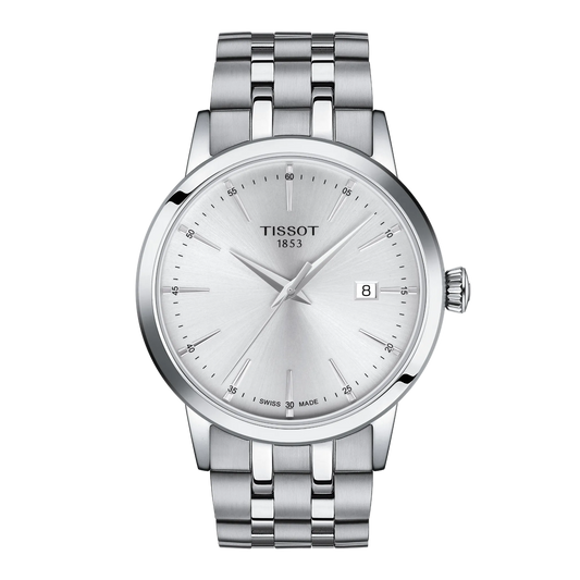 Tissot Silver Dial Watch featuring a clean silver sunray dial, minimalist hour markers, and a brushed stainless steel bracelet with refined modern styling