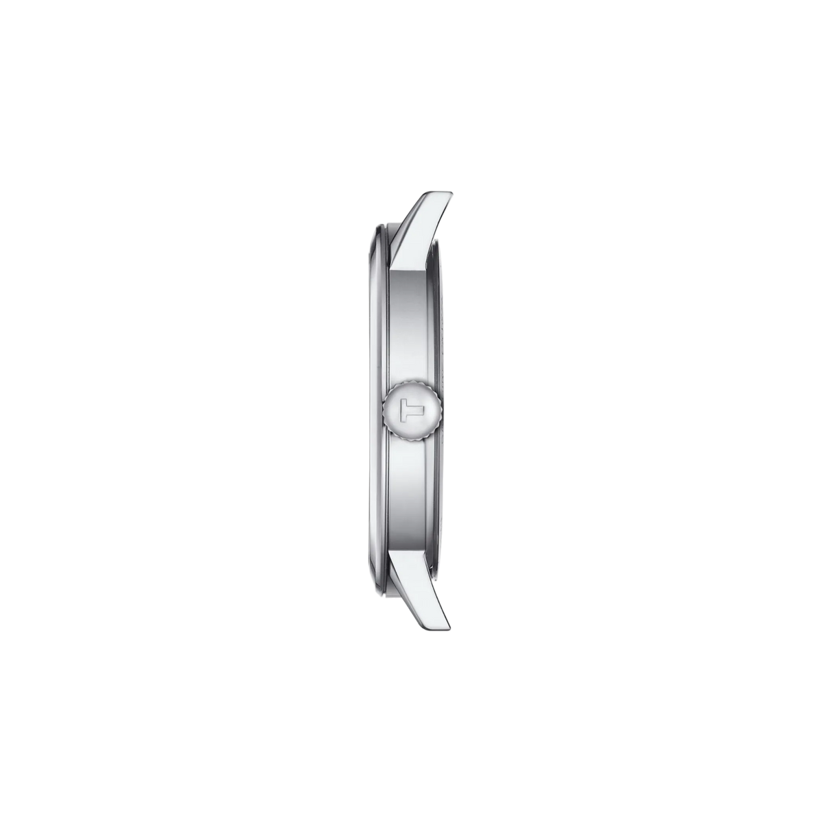 side profile image highlighting the slim stainless steel case construction, polished crown, brushed finishing, and elegant low-profile silhouette of the watch