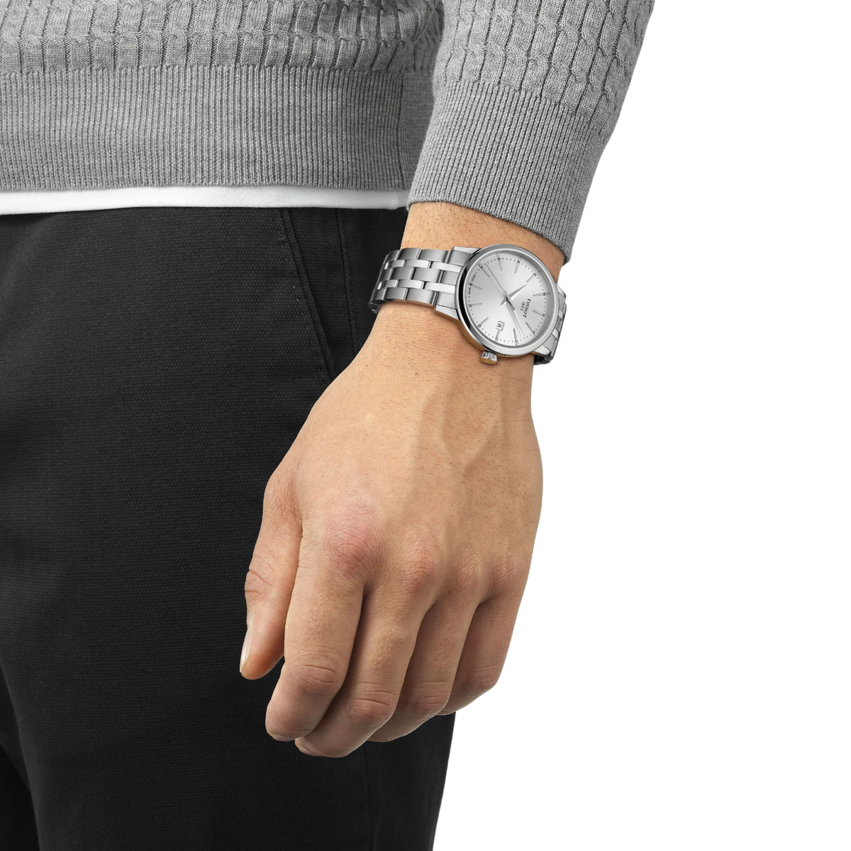 the watch worn on the wrist, showcasing the understated silver dial, polished stainless steel bracelet, and versatile smart-casual aesthetic suited to everyday wear