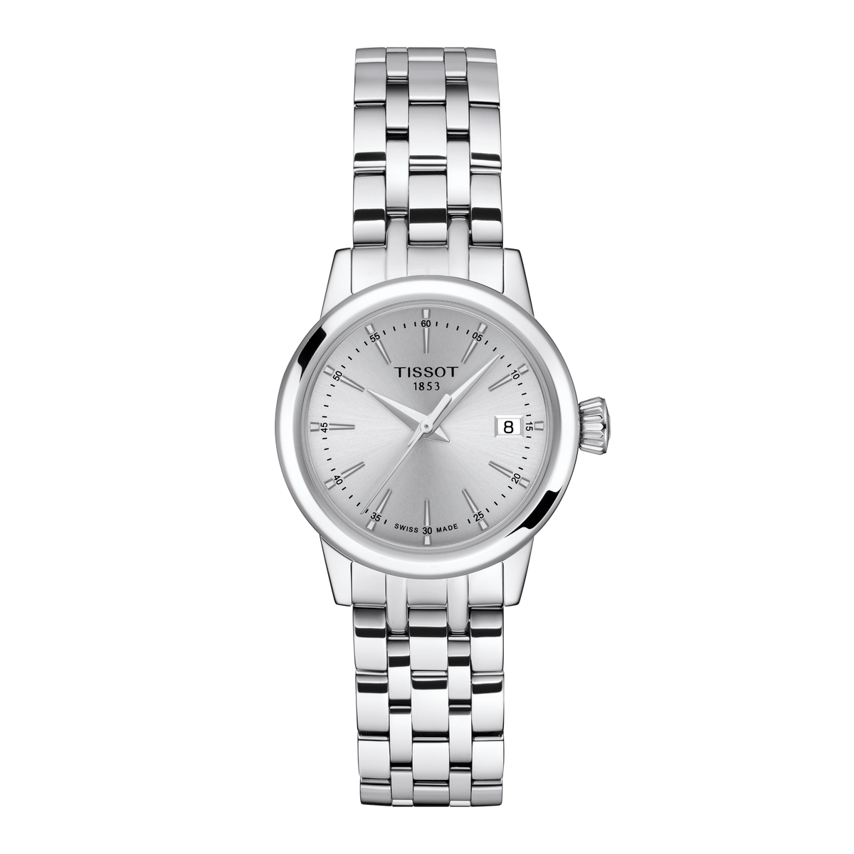Tissot ladies’ stainless steel watch featuring a clean silver sunray dial, slim baton hour markers, and a date window at 3 o’clock, paired with a polished multi-link bracelet for a refined everyday look