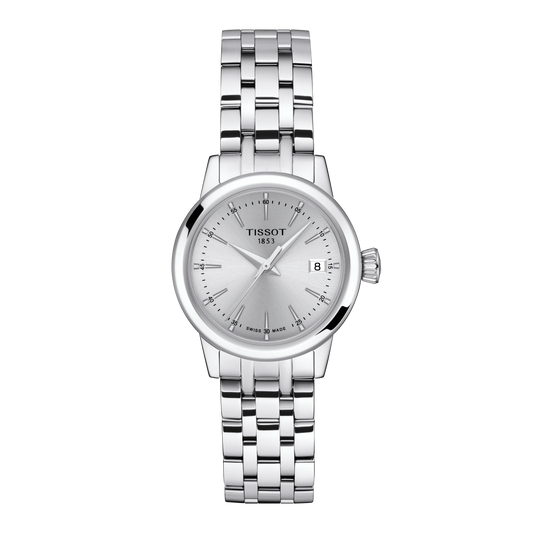 Tissot ladies’ stainless steel watch featuring a clean silver sunray dial, slim baton hour markers, and a date window at 3 o’clock, paired with a polished multi-link bracelet for a refined everyday look