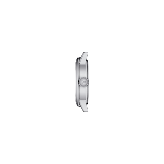 side profile showing the smooth, polished case finish and neatly integrated crown, emphasising its sleek and minimalist silhouette