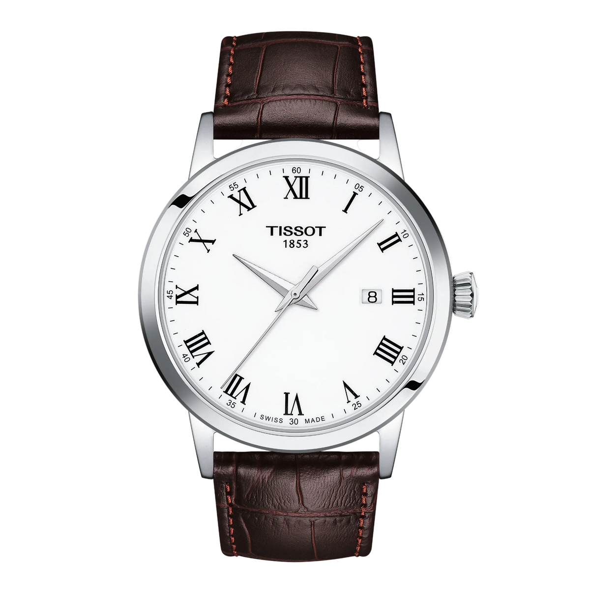 Tissot White Dial Watch featuring classic Roman numeral hour markers, a crisp white dial, and a rich brown leather strap for a timeless dress-watch aesthetic