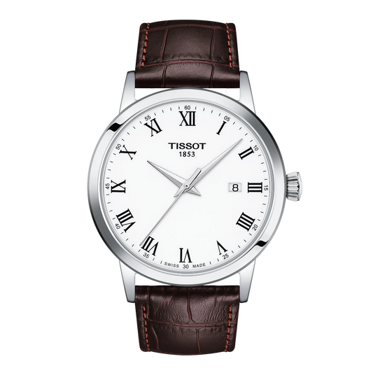 Tissot White Dial Watch featuring classic Roman numeral hour markers, a crisp white dial, and a rich brown leather strap for a timeless dress-watch aesthetic