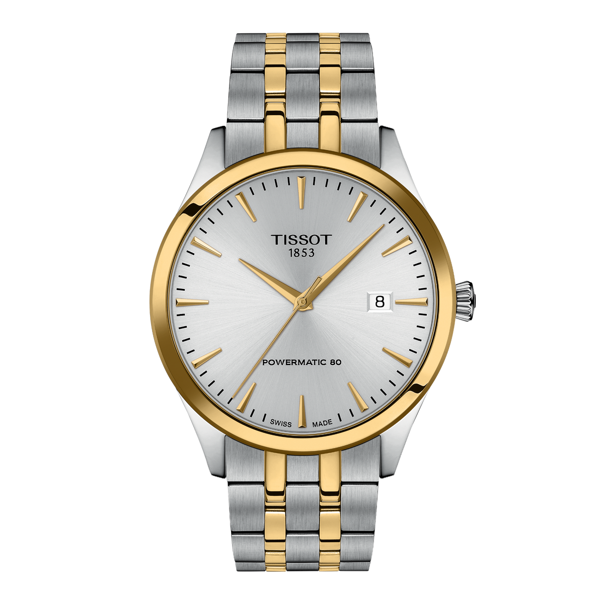 Tissot two-tone stainless steel watch featuring a clean silver sunray dial, slim gold-tone baton hour markers, and a polished gold bezel, finished with a classic steel and gold bracelet
