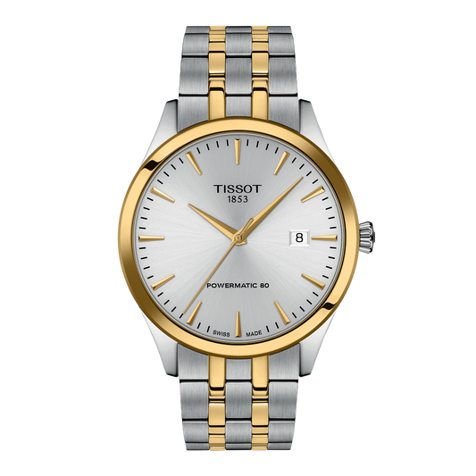 Tissot two-tone stainless steel watch featuring a clean silver sunray dial, slim gold-tone baton hour markers, and a polished gold bezel, finished with a classic steel and gold bracelet