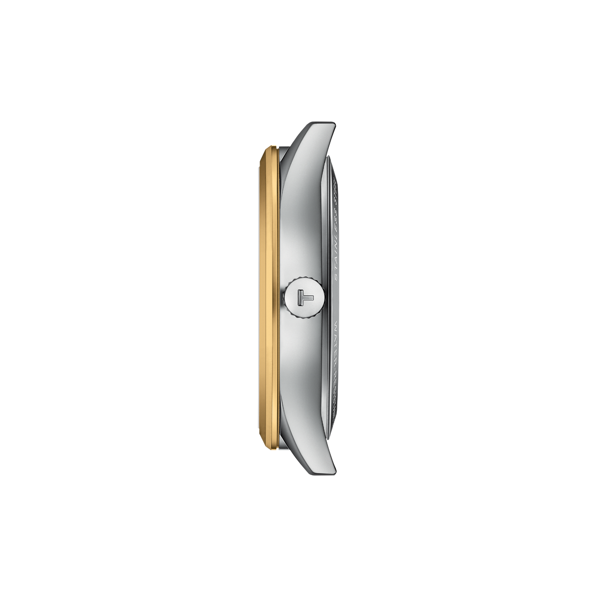 side profile of the case showcasing the slim silhouette, polished gold-tone bezel, and neatly integrated crown for a refined, understated look