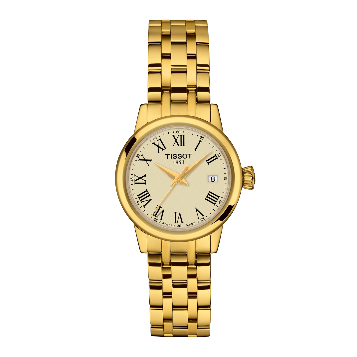 Tissot ladies’ gold-tone watch featuring a warm champagne dial with classic black Roman numerals, slim gold hands, and a fully polished gold-tone bracelet for a timeless, elegant look